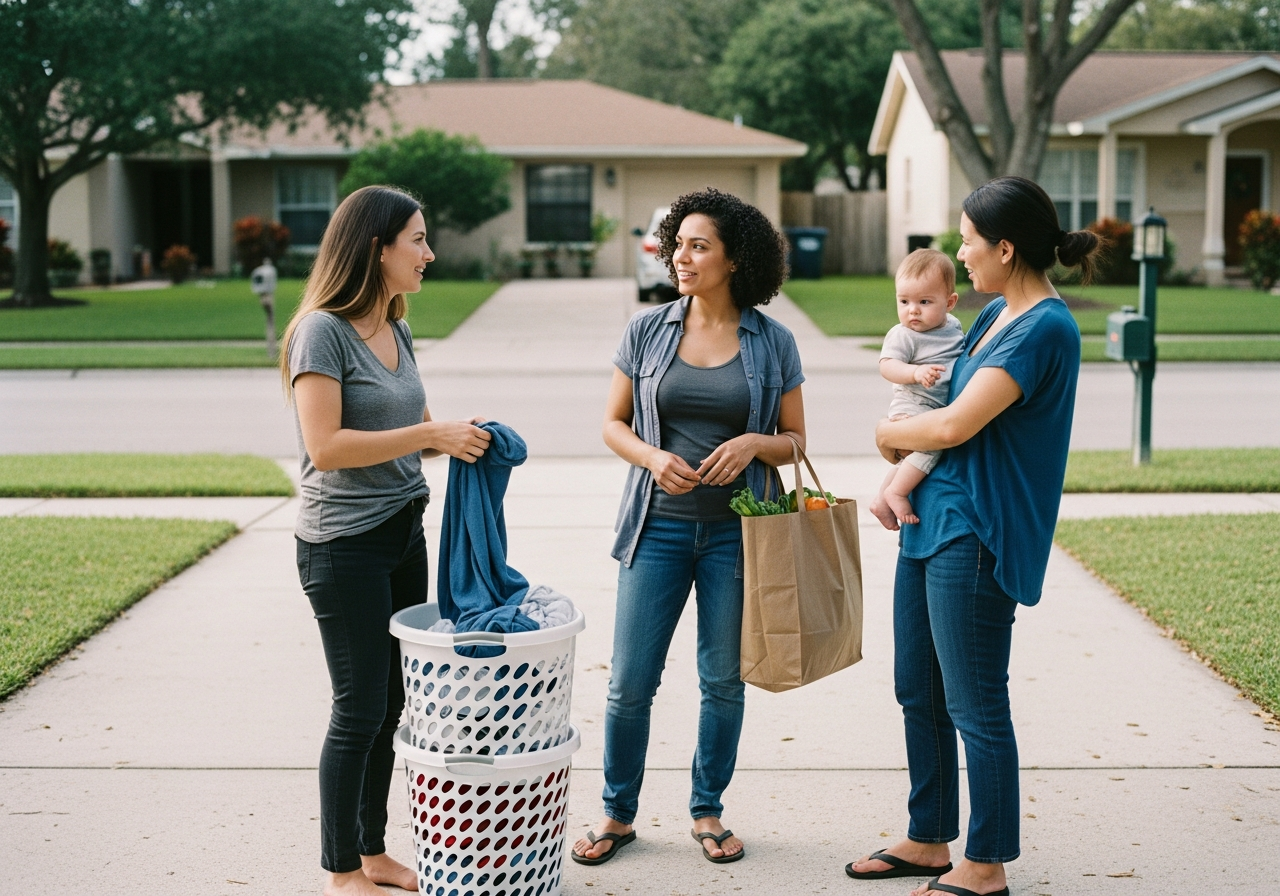 Three moms chatting in a driveway, the feeling of real community
