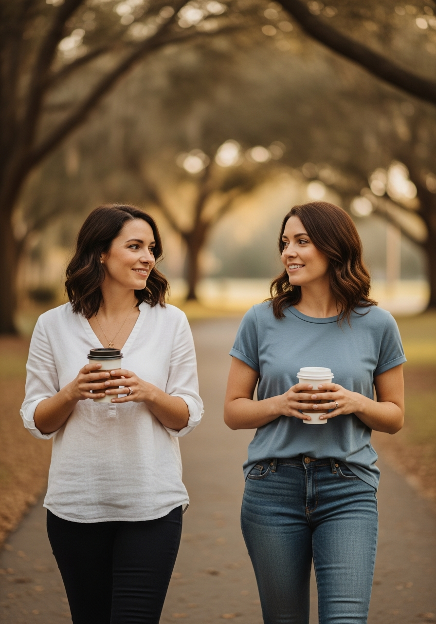Two moms walking outdoors together, coffee in hand, laughing and talking
