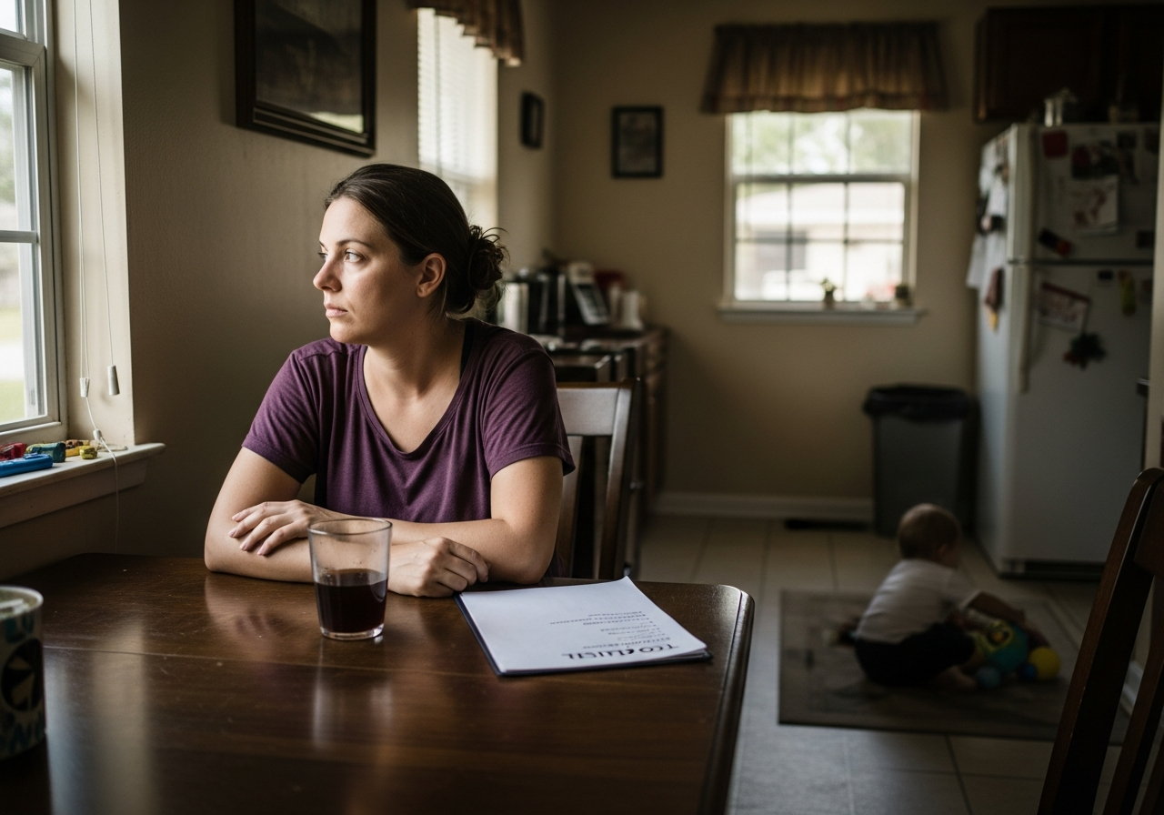 A mom at a kitchen table, quiet moment of exhaustion and love