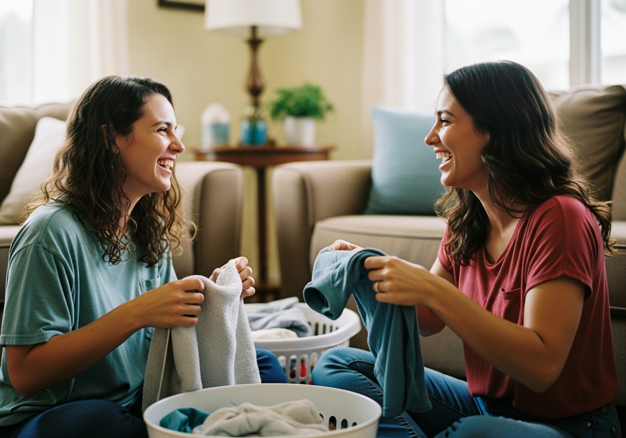 Two moms folding laundry together and laughing