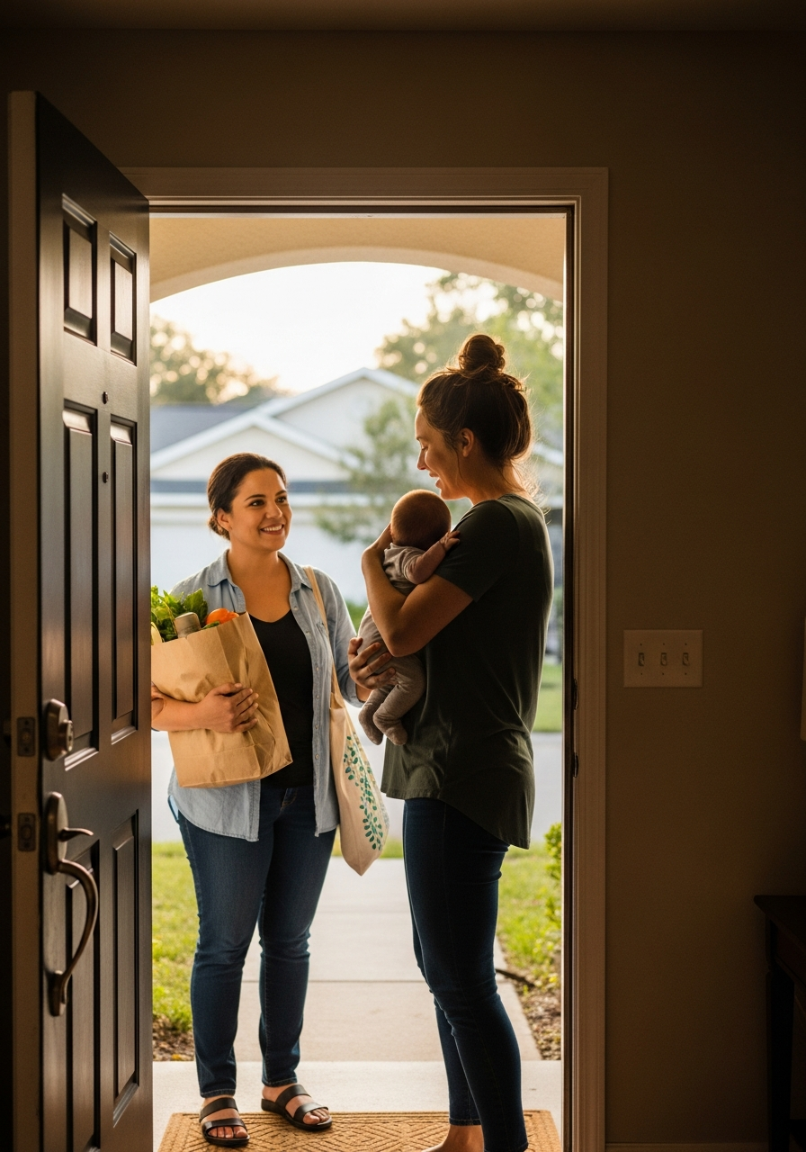 A mom opening her door with relief as a neighbor arrives with a meal